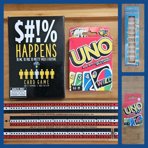 Mattel Other - LAST CALL Card Game Bundle: Uno, Uno Go, Tiny Jenga, Shi* Happens & Cribbage